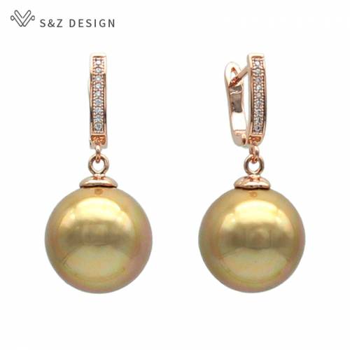 S&Z New Luxury Colorful Imitation Pearl Round Natural Zircon Drop Earrings 585 Rose Gold For Women Wedding Party Jewelry