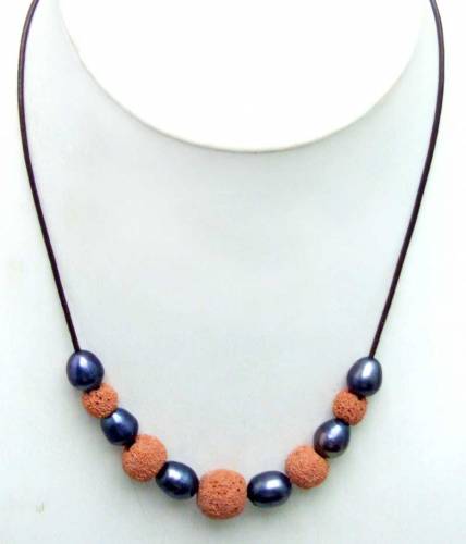 SALE Big 10-11mm Black Rice Natural Freshwater Pearl with Purple Lava rock Necklace 18 with Genuine Leather Cord-5908
