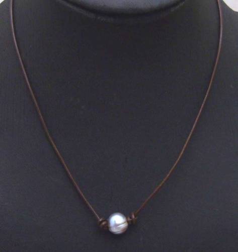 SALE Big 10-11mm Gray Potato Natural Freshwater Pearl Necklace 18 with brown Genuine Leather-5906 Wholesale/retail Free ship