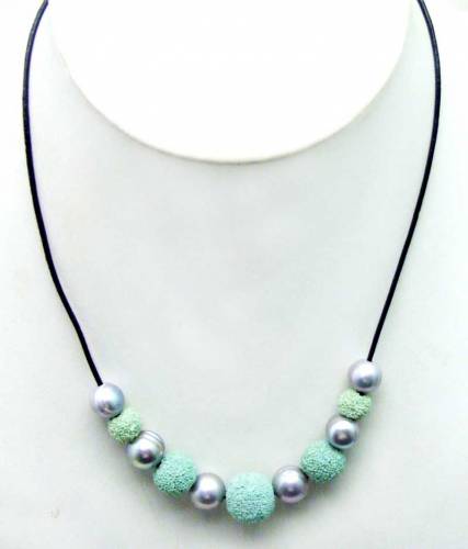 SALE Big 10-11mm Gray Potato Natural Freshwater Pearl with Green Lava rock Necklace 18 with Genuine Leather-nec5910