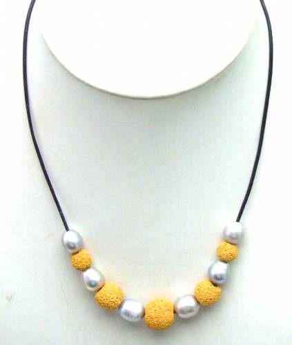 SALE Big 10-11mm Gray Rice Natural Freshwater Pearl with Yellow Lava rock Necklace 18 with Genuine Leather-5911
