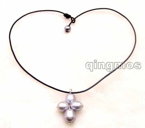 SALE Big 10-11mm gray rice Natural FW Pearl pendant & Black Genuine Leather 18 Necklace-5919 wholesale/retail Free shipping