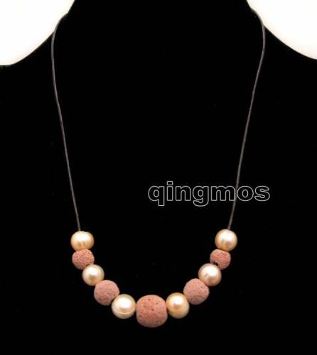 SALE Big 10-11mm pink Potato Natural Freshwater Pearl with Purple Lava rock Necklace 18 with Genuine Leather-5909