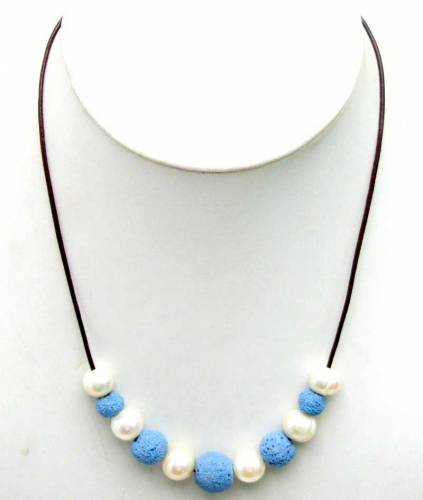 SALE Big 10-11mm White Potato Natural Freshwater Pearl with blue Lava rock Necklace 18 with Genuine Leather-5897