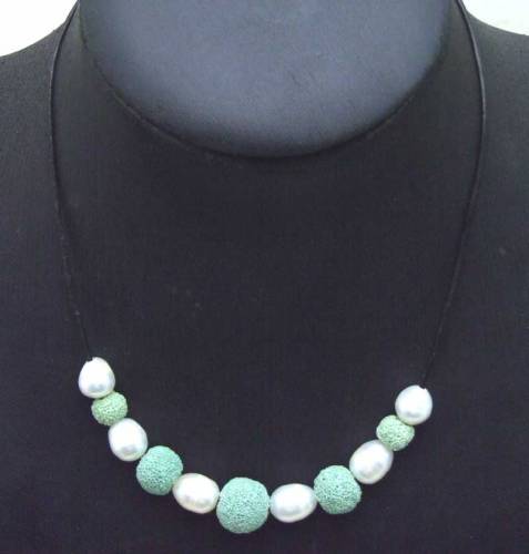 SALE Big 10-11mm White Rice Natural Freshwater Pearl with Green Lava rock Necklace 18 with Genuine Leather-5907