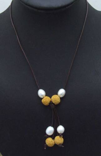 SALE Big 10-11mm White Rice Natural Freshwater Pearl with yellow lava beads 18 Genuine Leather Necklace-5913
