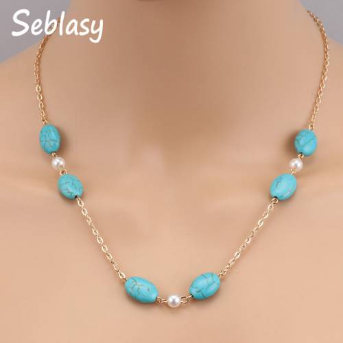 Seblasy Bohemian Maxi Single Chain Gold Color Natural Stone Beads Simulated Pearl Necklaces & Pendants for Women Party Jewelry