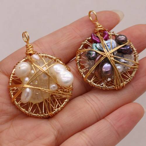 Small Pendant Natural Stone Round Pearl With Winding Gold Wire Charm for Jewelry Making DIY Necklace Earring Accessories 30x40mm