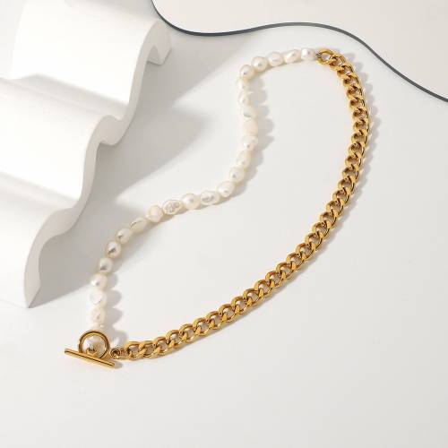 Stainless Steel Gold Color Chains Necklace White Natural Pearl Women Girls Choker Wedding Party Collar Necklace Jewelry Gift - 1PC
