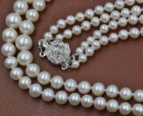Stunning 5-8mm round white real natural Pearl Necklace Rose flower clasp