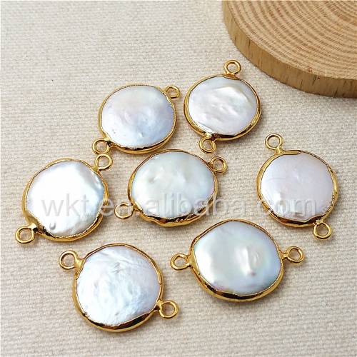 WT-C152 Gorgeous Natural Round Freshwater Preal Women Jewelry Connector - Hot Gold Trim Edge Round Pearl Connector All-Match