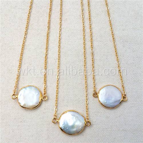 WT-N821 Wholesale Natural freshwater pearl coin necklace - handmake lovely real pearl necklace 24k gold color double loops charm