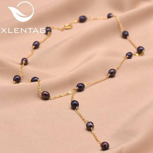 XlentAg Designer Natural Deep Black Purple Pearl Beads Chain Luxury Necklaces Women Goth Party Vintage Jewelry For Girls GN0095
