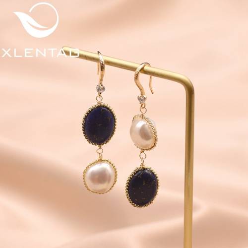 XlentAg Fresh Water Baroque Pearl Long Dangle Earring Natural Stone Lapis Lazuli Water Drop Earrings Women Luxury Jewelry GE0406