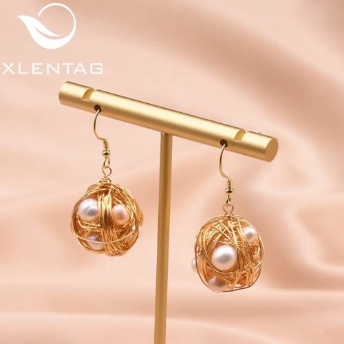 XlentAg Handmade Natural Fresh Water Pearl Drop Earrings For Women Round Earring Fine Jewelry boucles d oreille femme GE0748