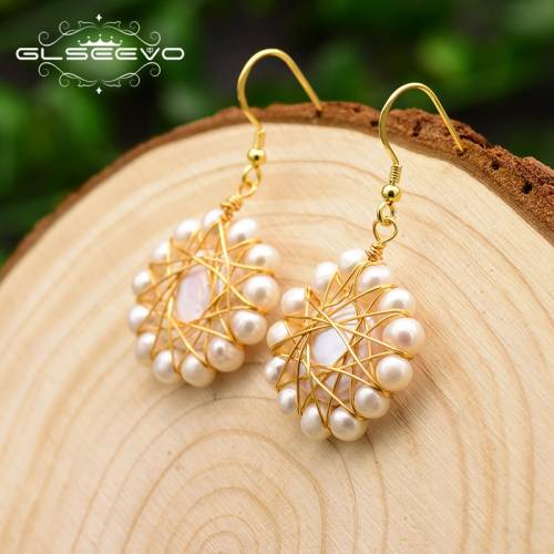 XlentAg Handmade Natural Fresh Water Pearl Sun Flower Drop Earrings For Women Wedding Earrings Fine Jewelry Bijoux Femme GE0714