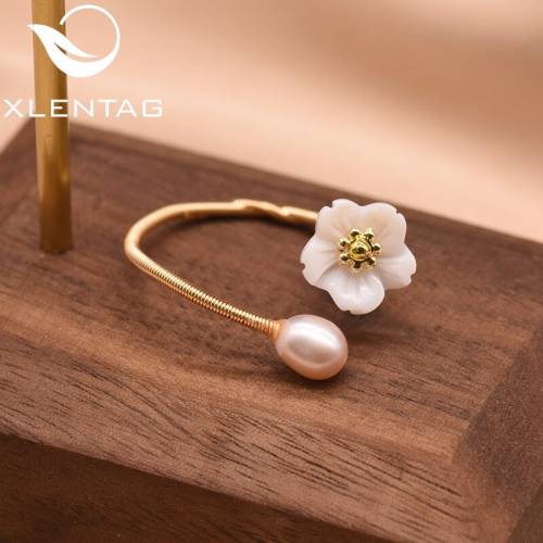XlentAg Minimalist Natural White Pearl Shell Flower Women Open Couple Rings Wedding Gifts Love Vintage Handmade Jewelery GR0247