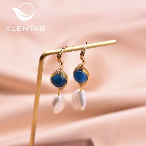 XlentAg Natural Blue Stone Fresh Water Baroque Pearl Hook Drop Vintage Earring For Engagement For Women Designer Jewelry GE0923C