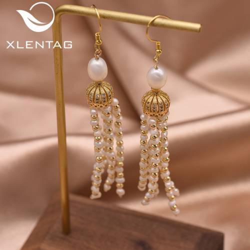 Xlentag Natural Freshwater Pearl Crown Long Tassel Drop Earrings Birthday Gifts For Women Jewelry bijoux femme 2019 GE0886