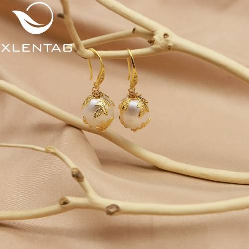 XlentAg Natural High-quality Pearls Earrings Plant Flower Round Hook Earings Women Birthday Party Bohemian Luxury Jewelry GE0320