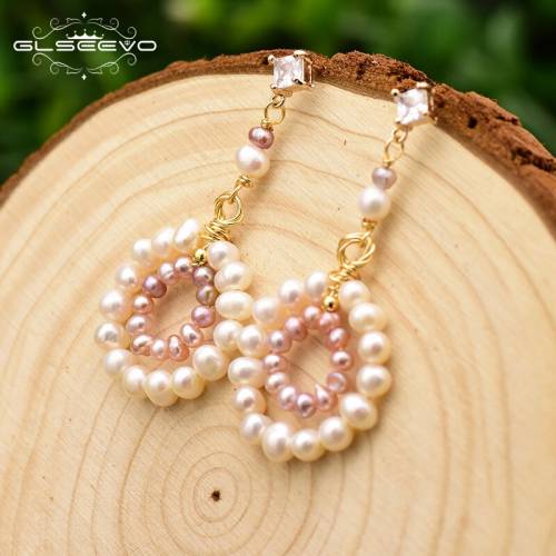 XlentAg Original Handmade Natural Fresh Water Pearl Pink Pearl Round Drop Earrings For Women Wedding Jewelry Kolczyki GE0718