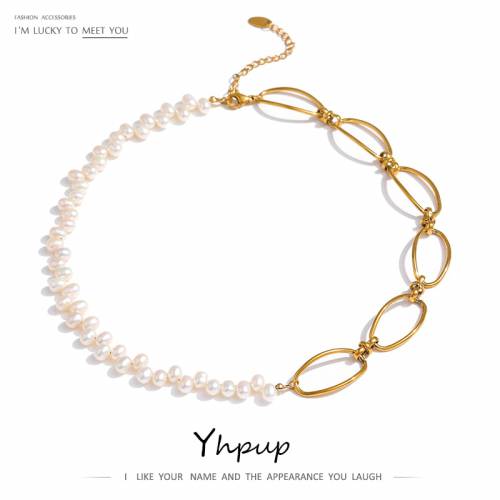Yhpup New Stainless Steel Jewelry Elegant Natural Pearl Chain Necklace Temperament Metal Gold Choker Necklace Bijoux Femme