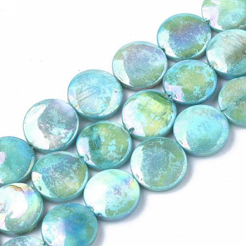 Nbeads Natural Freshwater Shell Beads Strands - AB Color Plated - Dyed - Flat Round - Cyan - 10~115x3~4mm - Hole: 1mm; 34pcs/strand - 1515‘‘