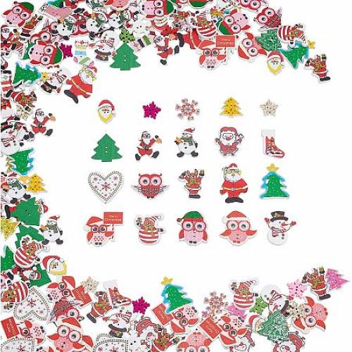 2-Hole Printed Wooden Buttons - for Christmas - for Sewing Crafting - Dyed - Snowflake - Mixed Color - 200pcs/set