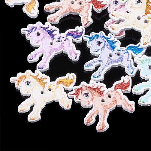 2-Hole Printed Wooden Buttons - Lead Free - Dyed - Unicorn - Mixed Color - 315x27x25mm - Hole: 2mm