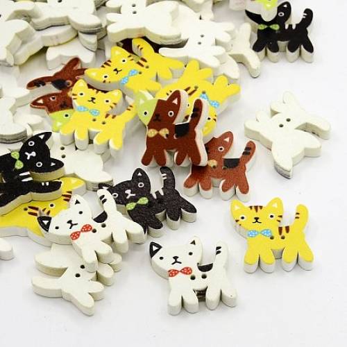 Cat Printed Wooden Buttons - 2-Hole - Dyed - Mixed Color - 245x22x5mm - Hole: 1mm