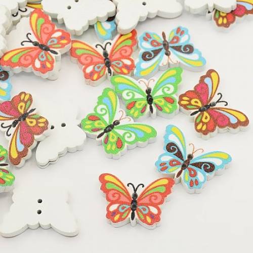 Printed Butterfly Wooden Buttons - 2-Hole - Dyed - Mixed Color - 17x24x4mm - Hole: 1mm