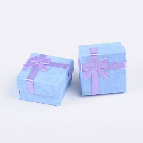 Cardboard Ring Boxes - with Satin Ribbons Bowknot outside - Square - Cornflower Blue - 41x41x26mm