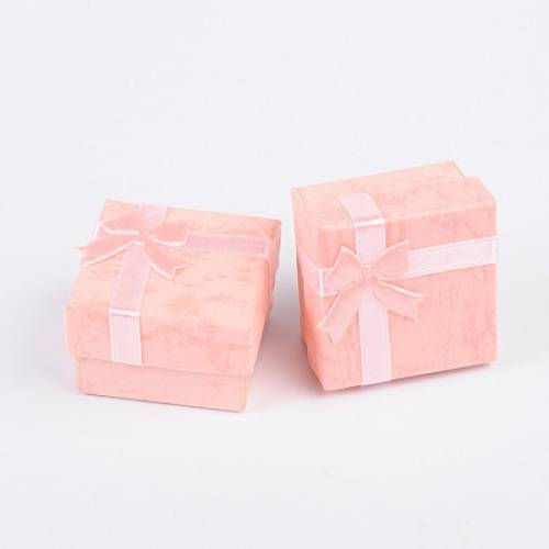 Cardboard Ring Boxes - with Satin Ribbons Bowknot outside - Square - Pink - 41x41x26mm