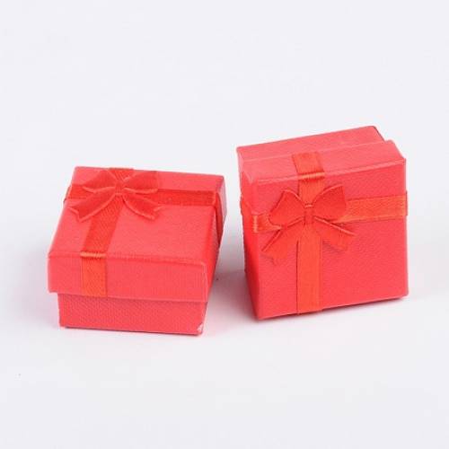 Cardboard Ring Boxes - with Satin Ribbons Bowknot outside - Square - Red - 41x41x26mm