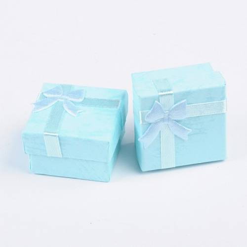 Cardboard Ring Boxes - with Satin Ribbons Bowknot outside - Square - Sky Blue - 41x41x26mm