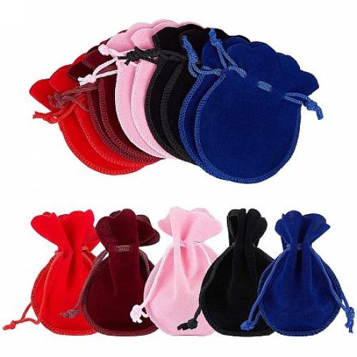 NBEADS 50 Pcs 5 Colors Velvet Bags - Velvet Cloth Drawstring Pouches for DIY Candy Gift and Jewelry Necklace Bracelet Packing - 9x7cm