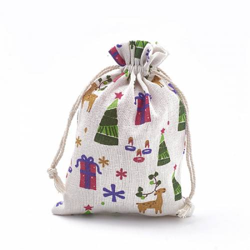 Polycotton(Polyester Cotton) Packing Pouches Drawstring Bags - with Printed Box and Christmas Tree - Colorful - 18x13cm